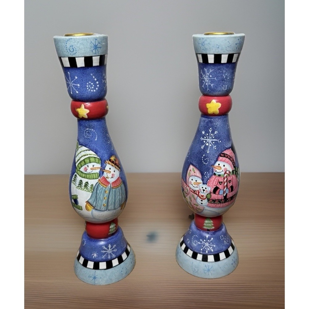 1999 Brother Sister Wood Candle Stick Holders Snowmen Vintage Debra Jordan Bryan